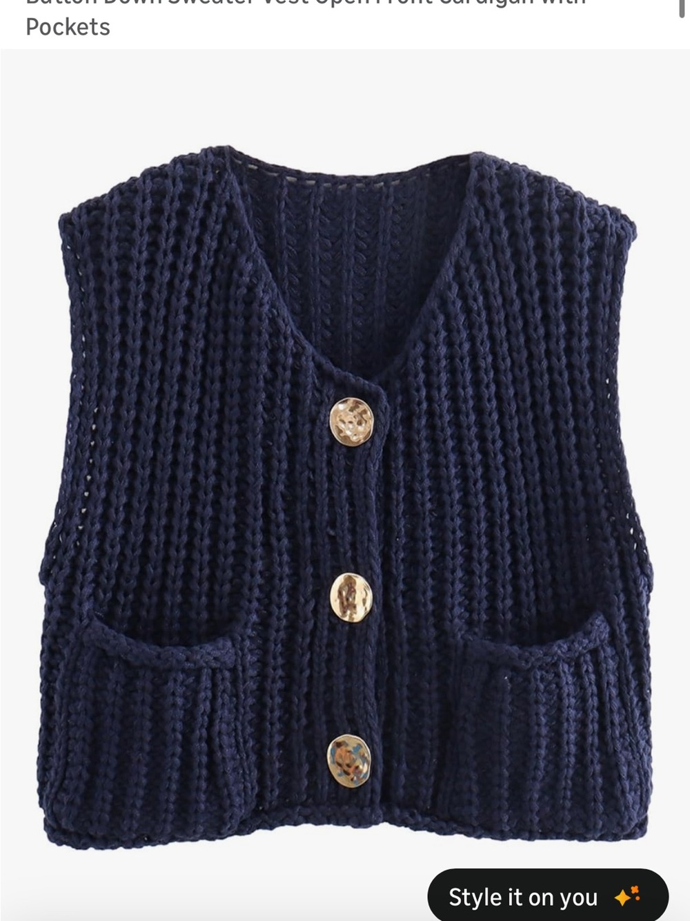 Chunky Knit Button-Front Vest in Navy with Gold Buttons